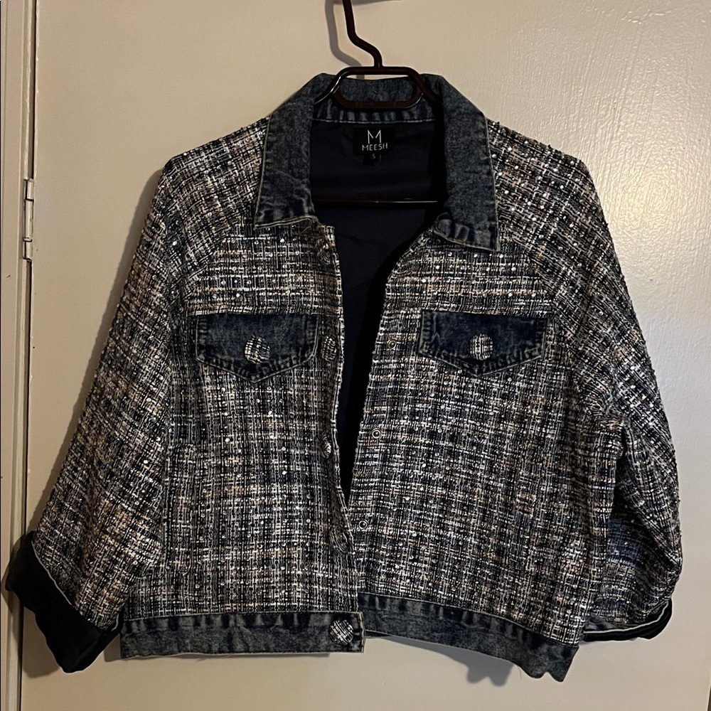 Meesh  Black and White Tweed Jacket with Denim Accents & rhinestones